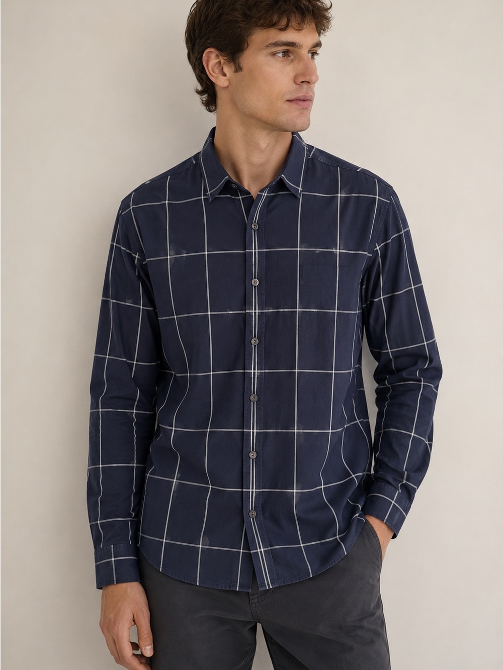 Theory Zack Grid Shirt Navy White 100% Cotton Button Down
